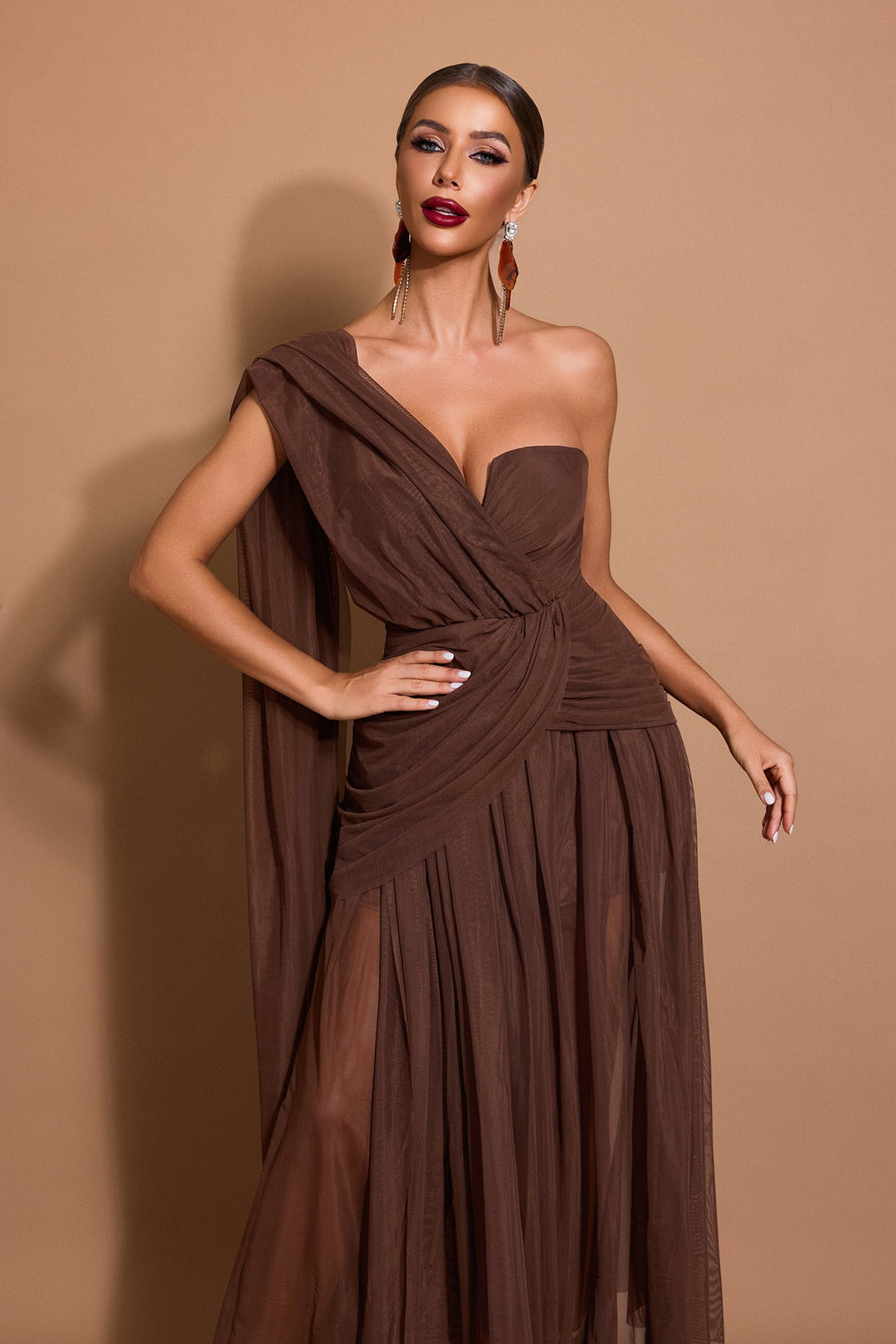 Marlowe | One-Shoulder Gathered Mesh Midi Dress