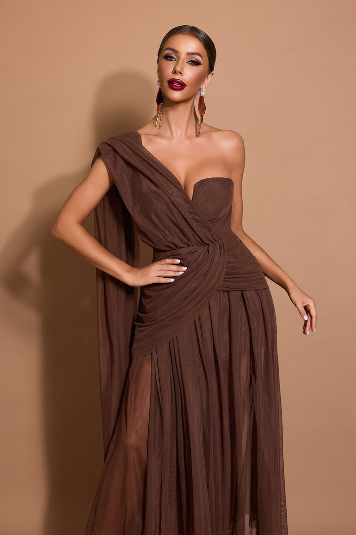 Marlowe | One-Shoulder Gathered Mesh Midi Dress
