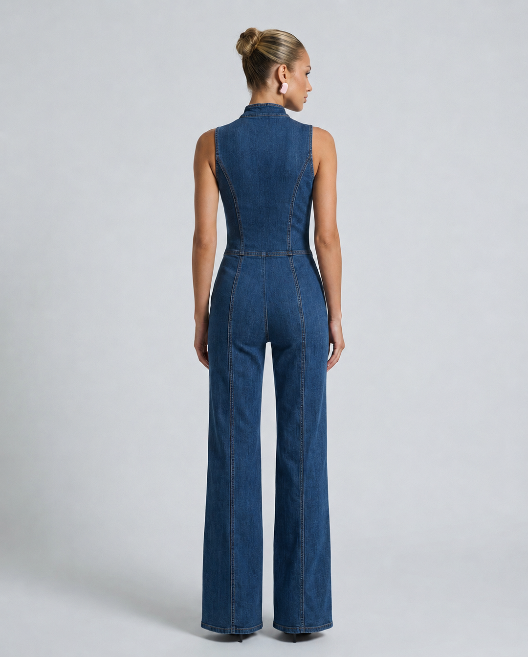 Demi | Sleeveless High-Neck Flared Denim Jumpsuit