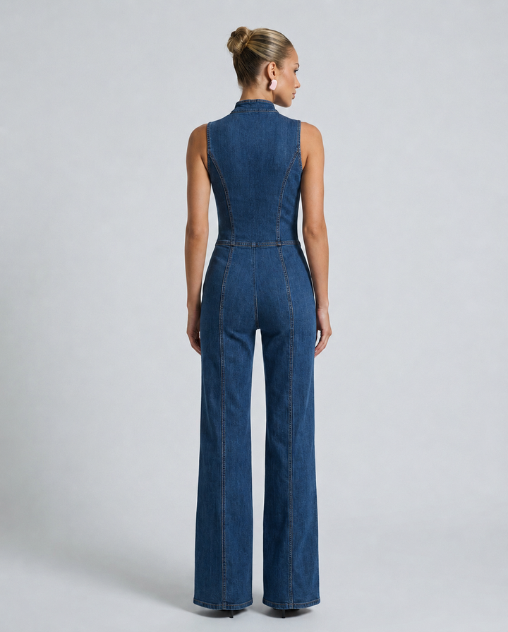 Demi | Sleeveless High-Neck Flared Denim Jumpsuit