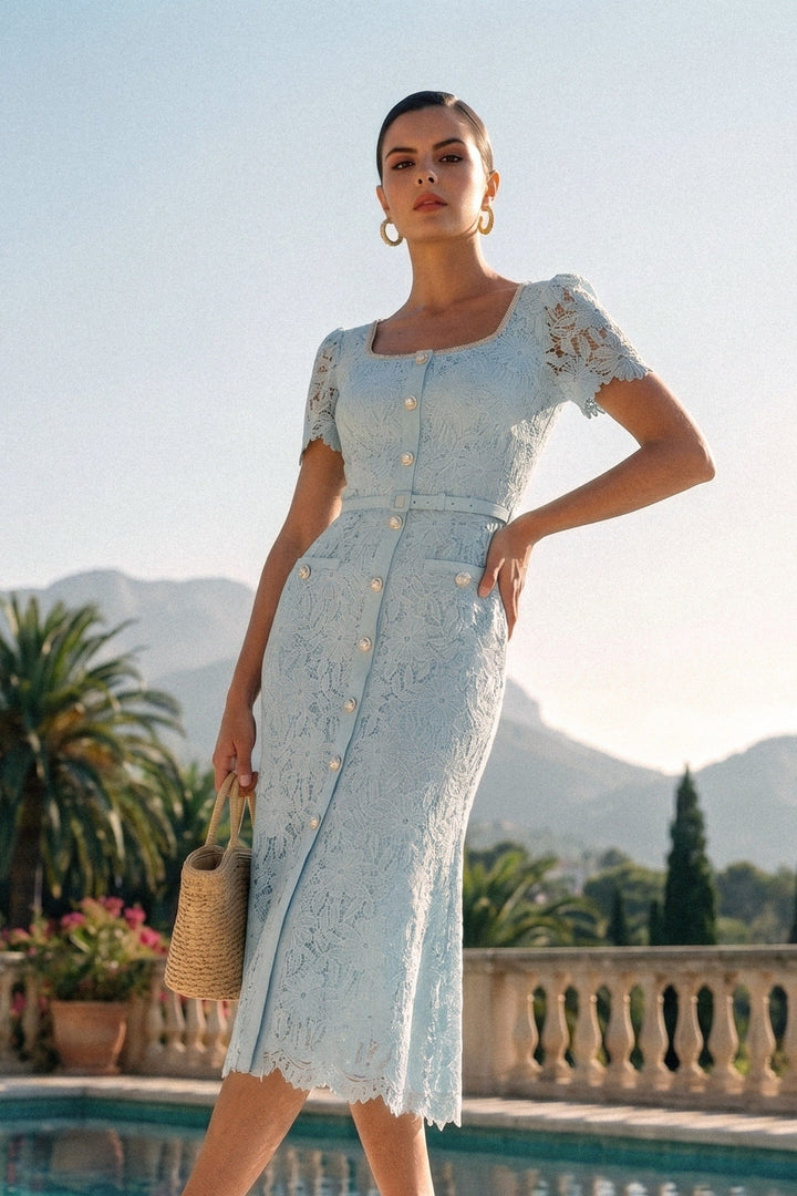 Azure | Baby Blue Lace-Trim Midi Dress