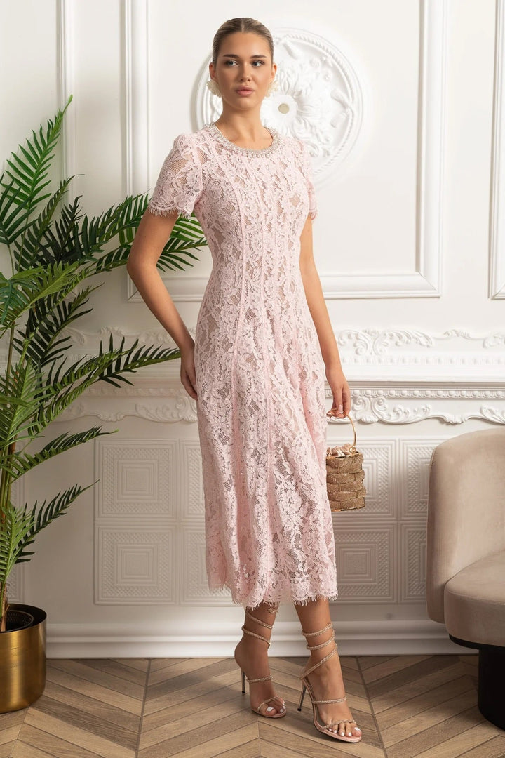 Tessa | Crystal Collar Lace Midi Dress