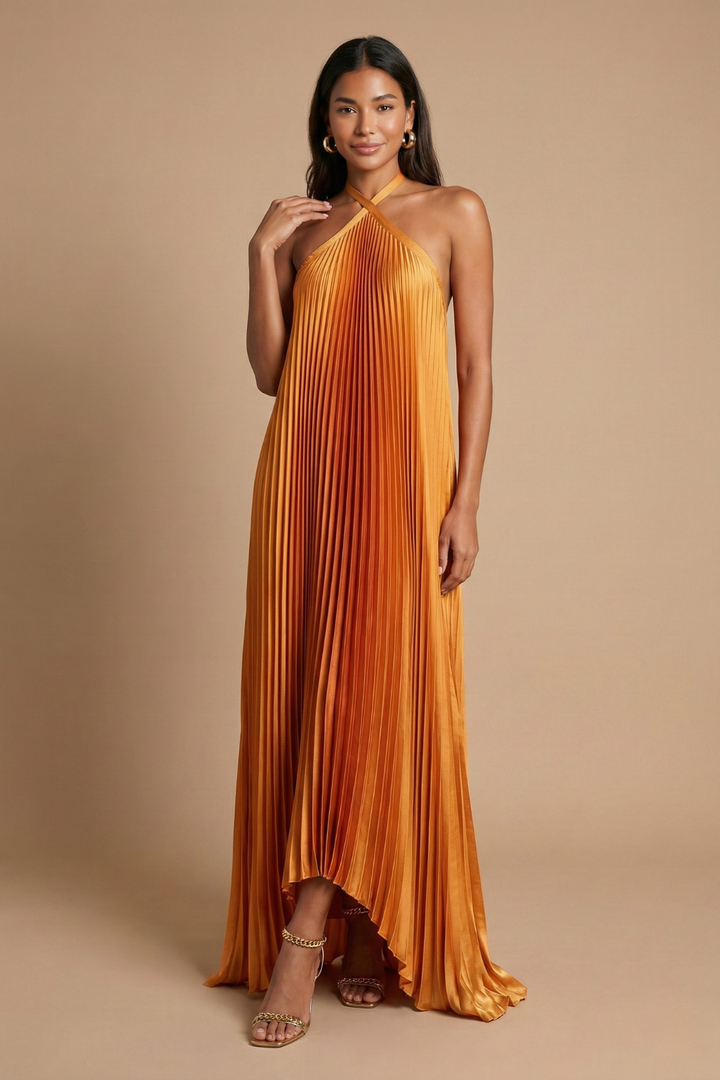 Greta | Open Back Halter Pleated Maxi Dress