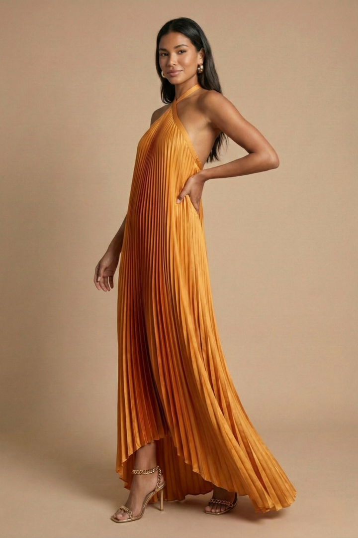 Greta | Open Back Halter Pleated Maxi Dress