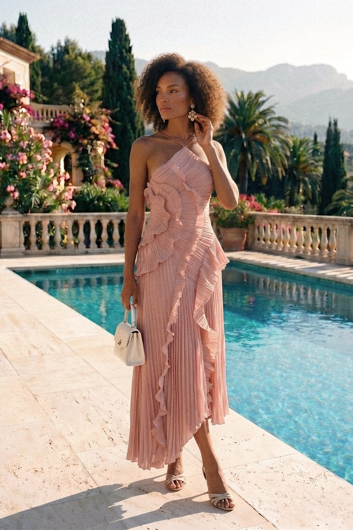 Opal | Pleated Halter Cascading Ruffle Midi Dress