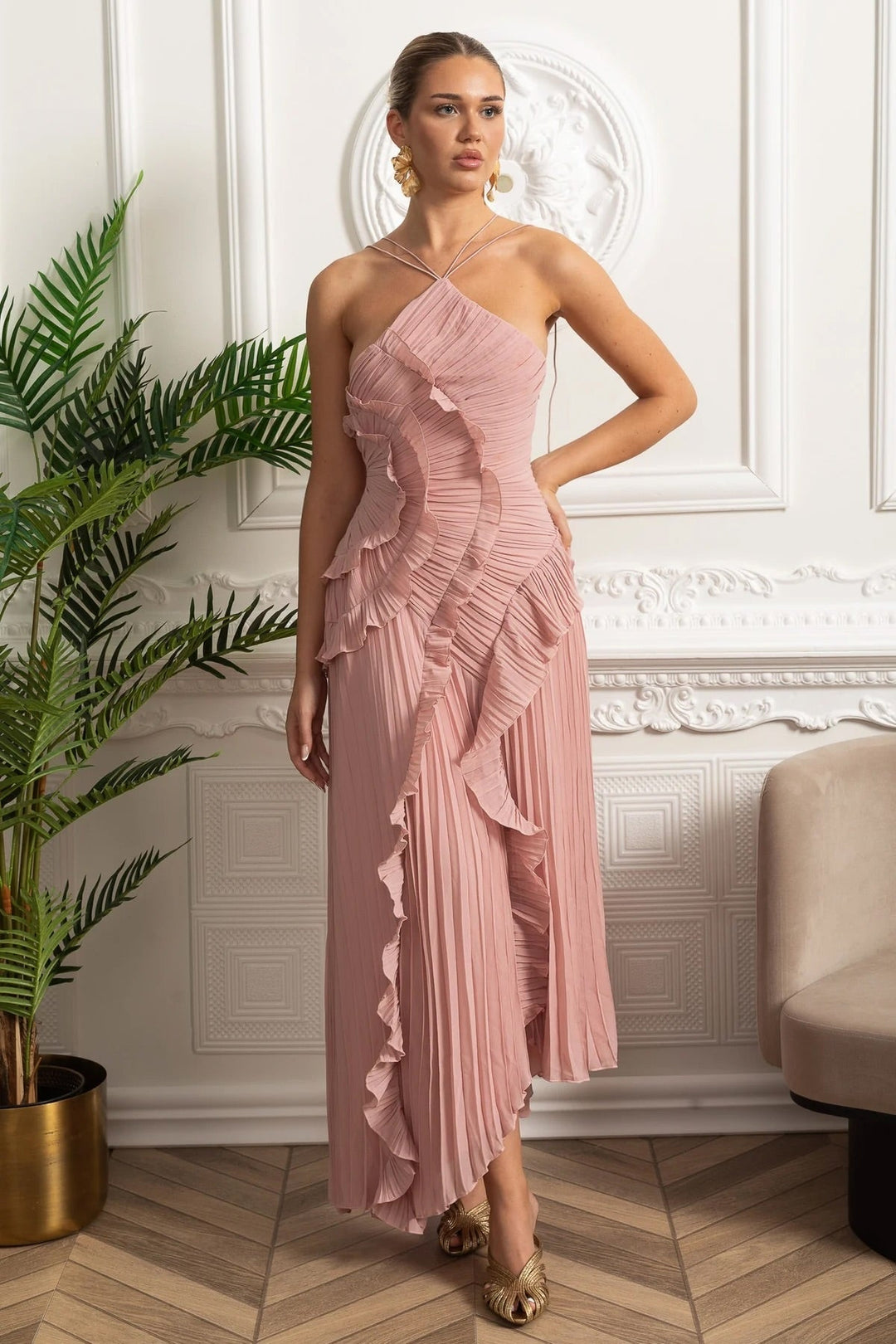 Opal | Pleated Halter Cascading Ruffle Midi Dress