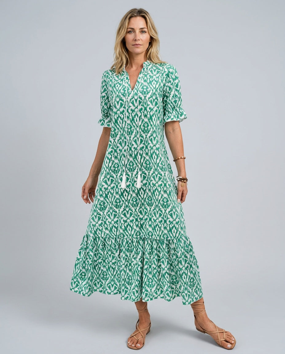 Mira | V-Neck Tassel-Strap Puff Sleeve Midi Dress