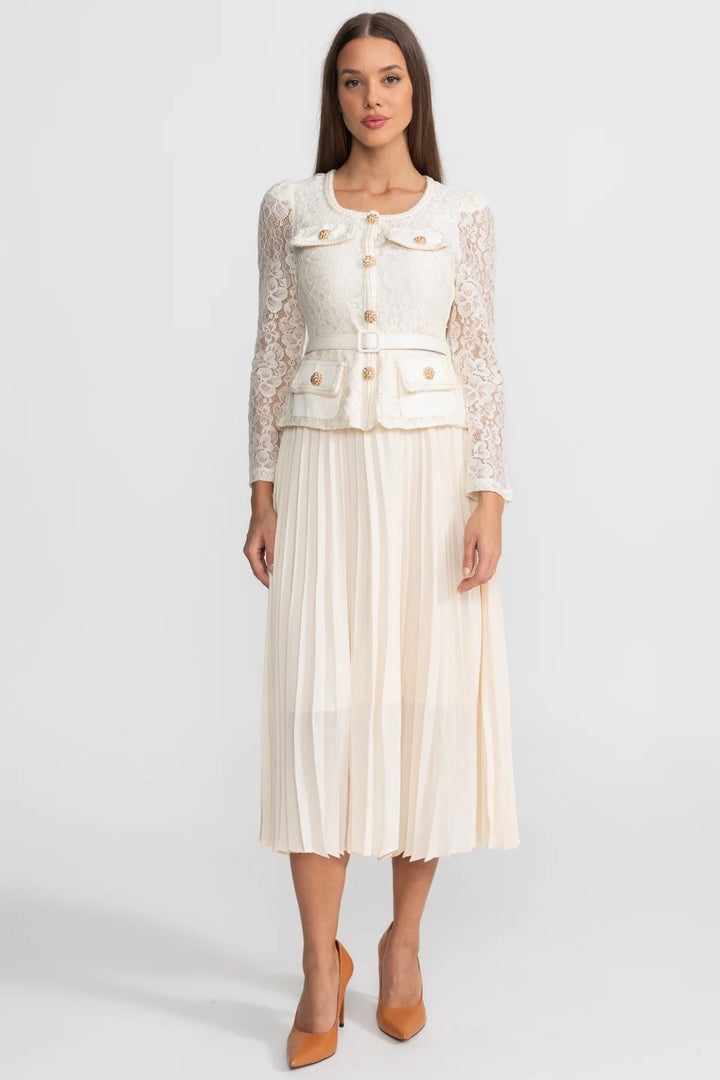 Priya | Lace &amp; Pleated Gold Button Midi Dress