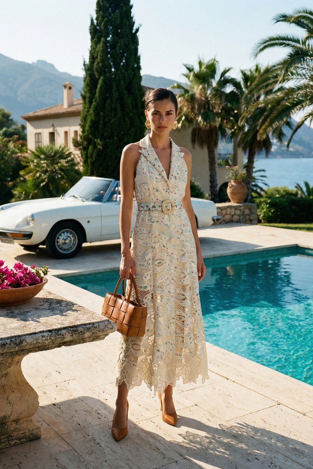 Fleur | Halter Neck Belted Lace Midi Dress