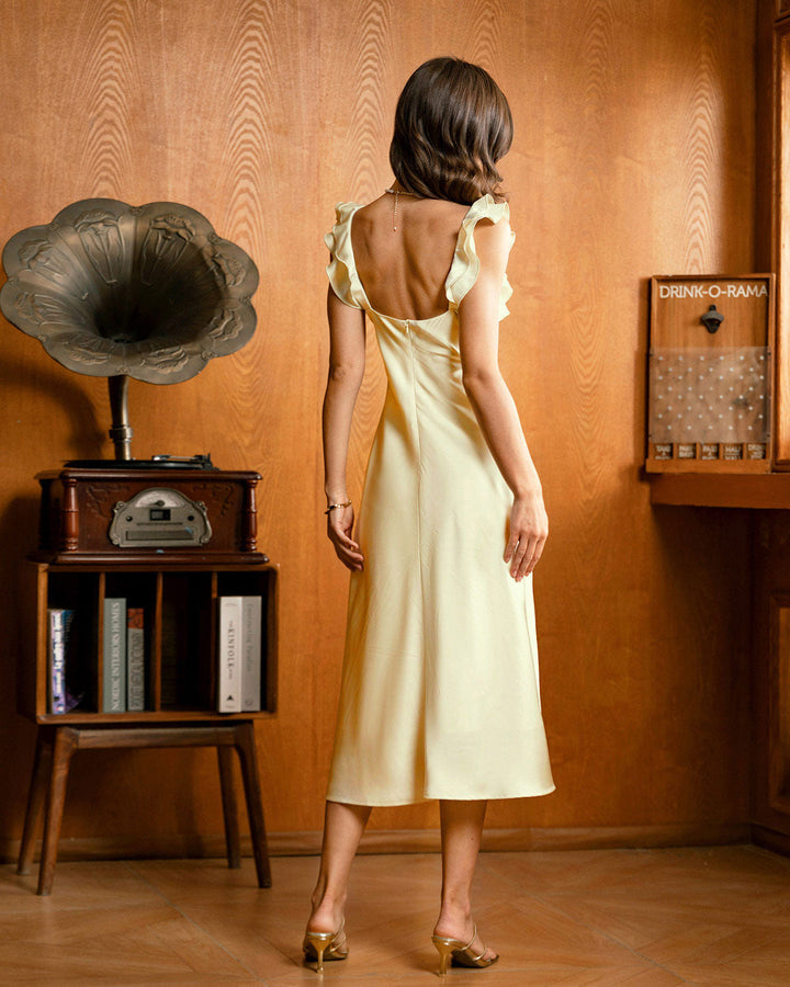 Nadia | Square Neck Ruffle Satin Midi Dress