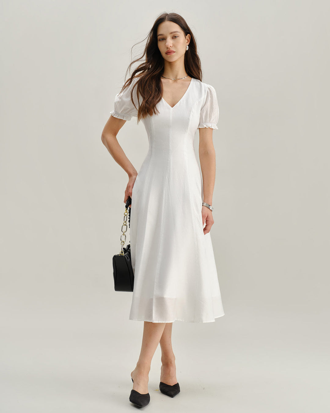 Zara | Puffed Sleeve V-Neck White Midi Dress