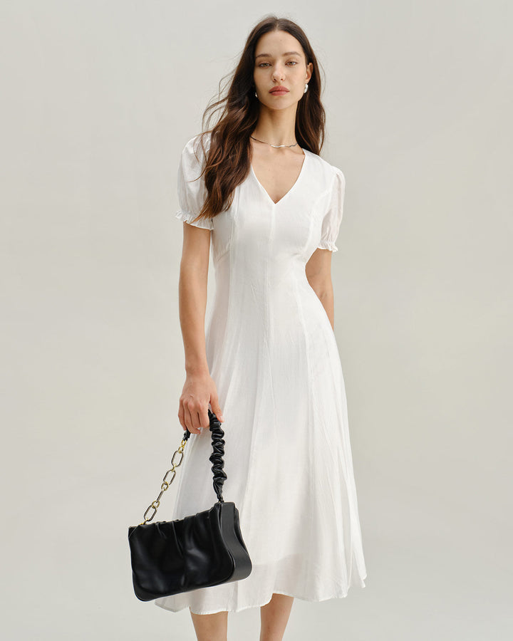 Zara | Puffed Sleeve V-Neck White Midi Dress