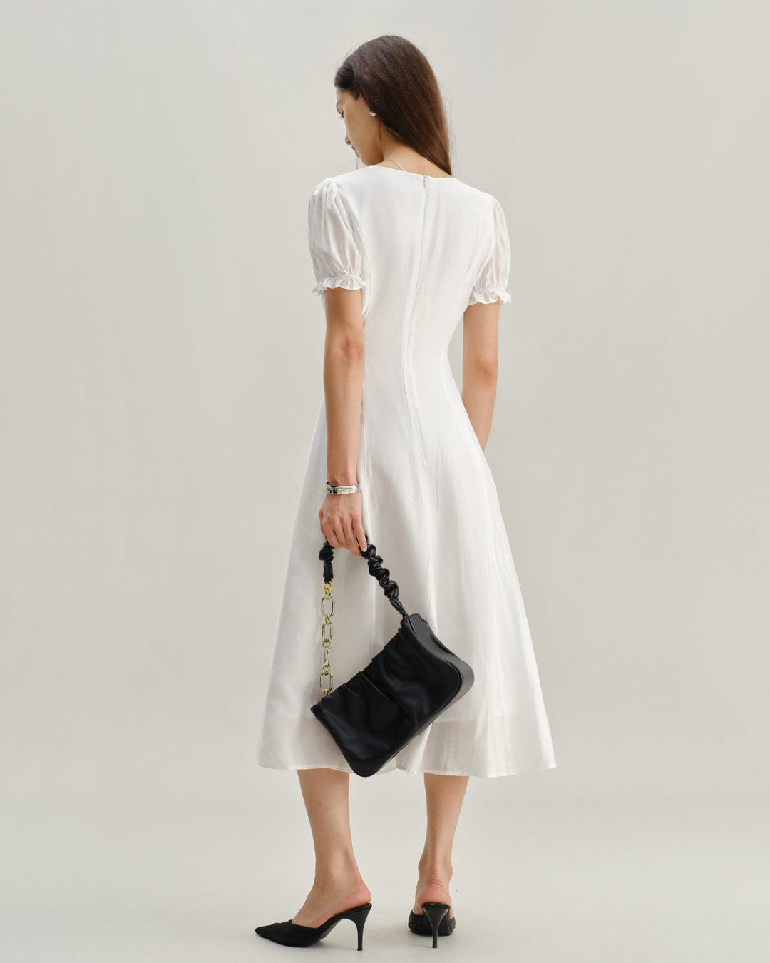 Zara | Puffed Sleeve V-Neck White Midi Dress