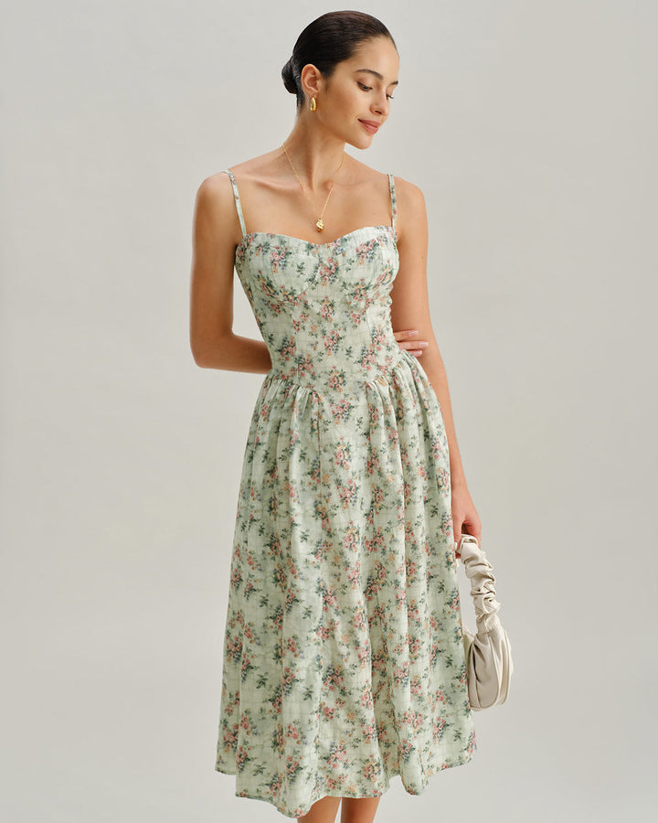 Camille | Floral Sweetheart Pleated Slip Midi Dress