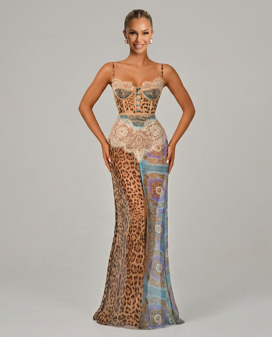 Soraya | Lace-Trim Leopard Print Side Slit Maxi Dress