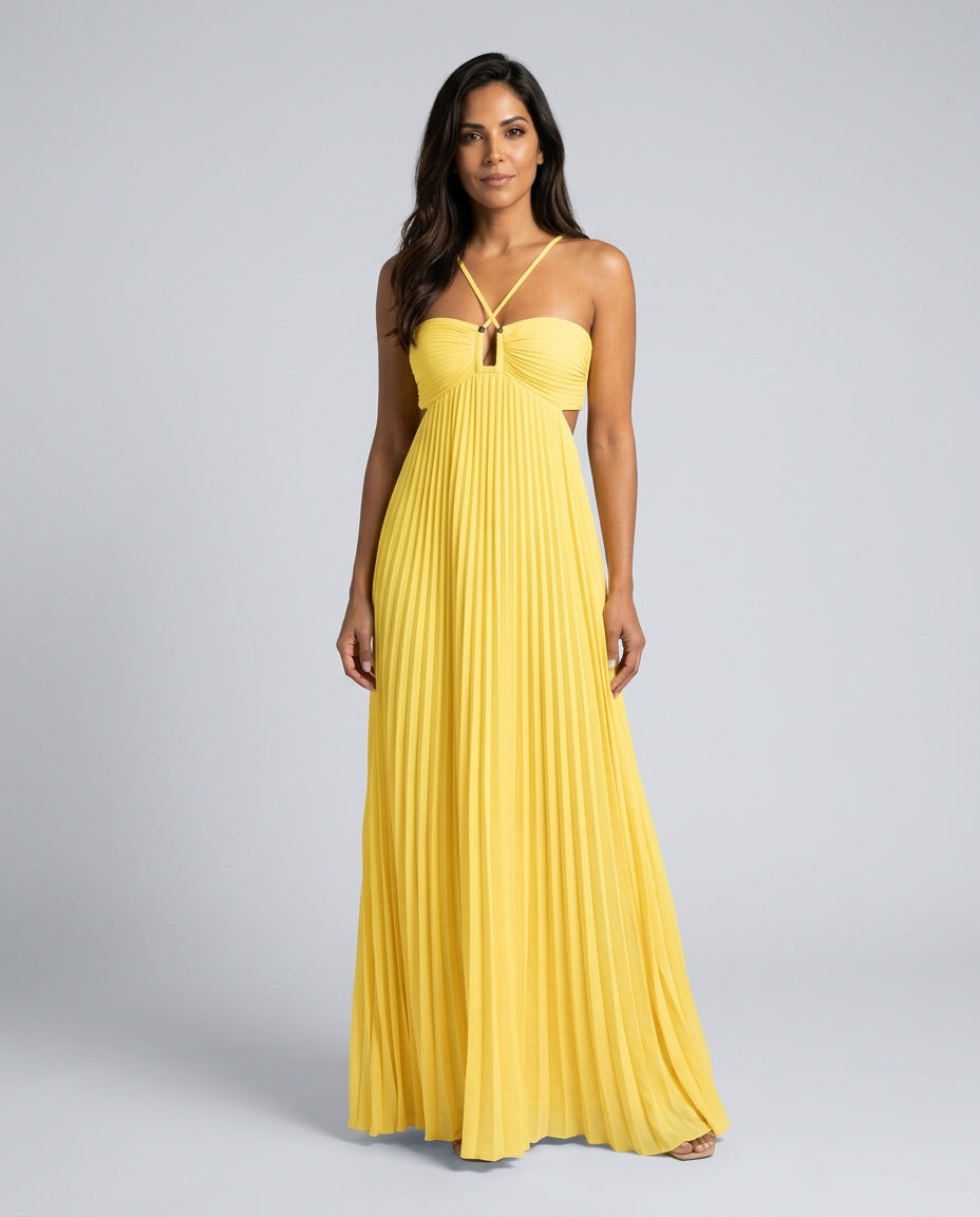 Halara | Pleated Halter Open Back Maxi Dress