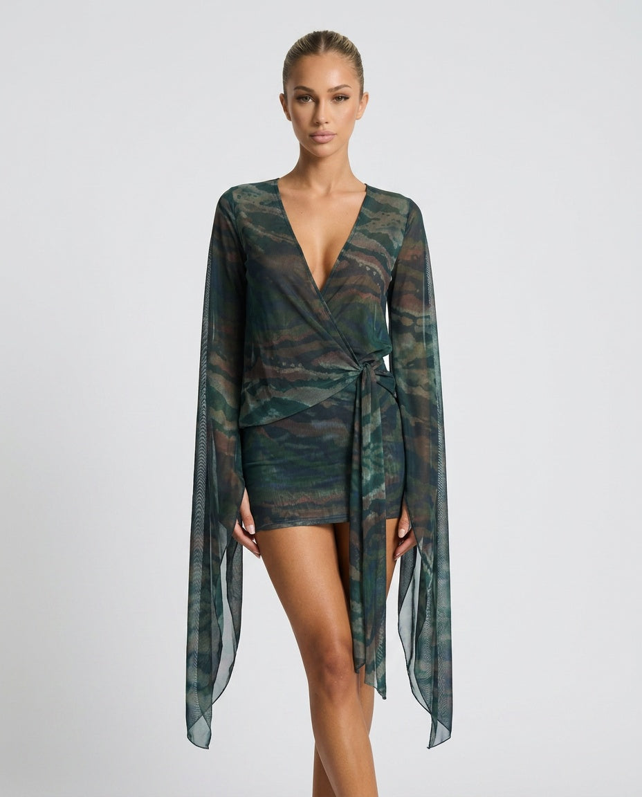 Cora | Animal Print Tie-Up Mesh Midi Dress