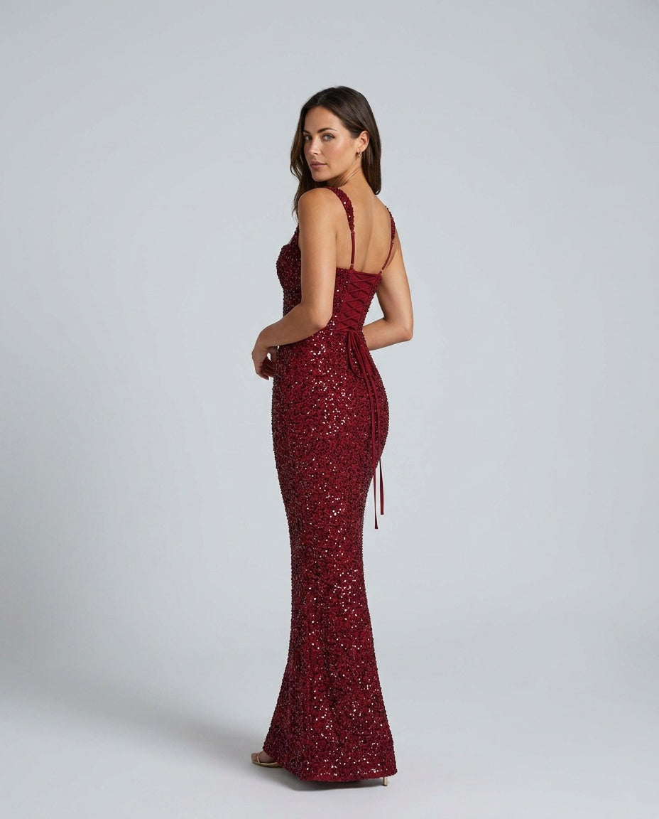 Cleo | Sequin Tie-Up Square Neck Maxi Dress