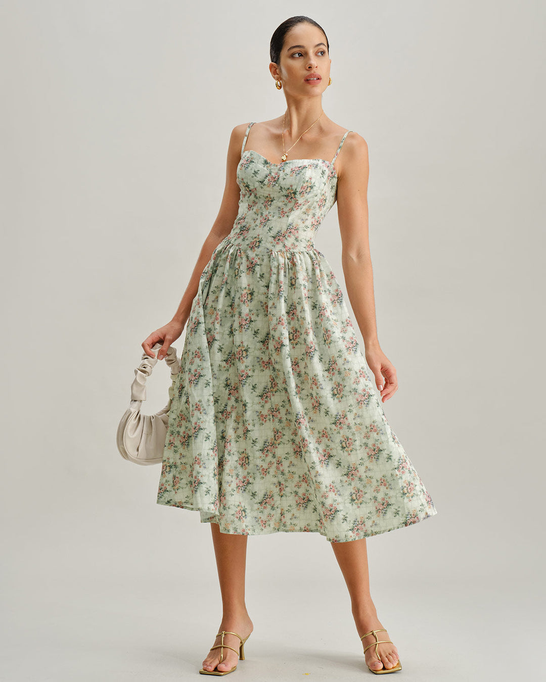 Camille | Floral Sweetheart Pleated Slip Midi Dress
