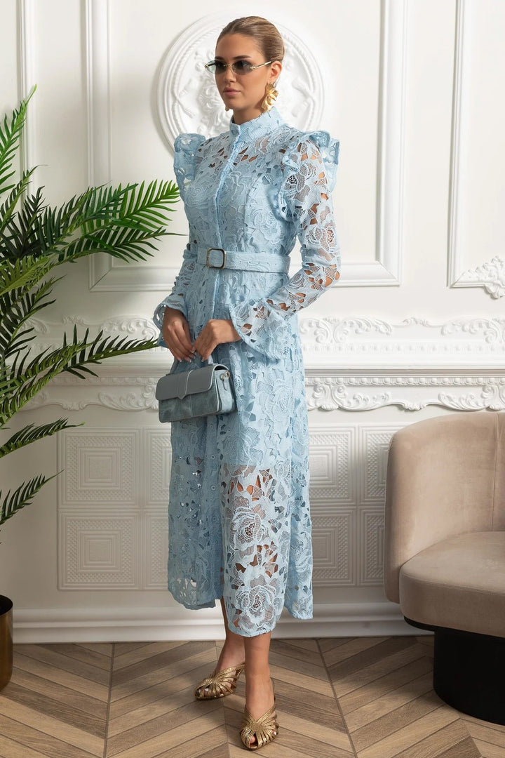 Saskia | Ruffled Shoulder Floral Lace Midi Dress