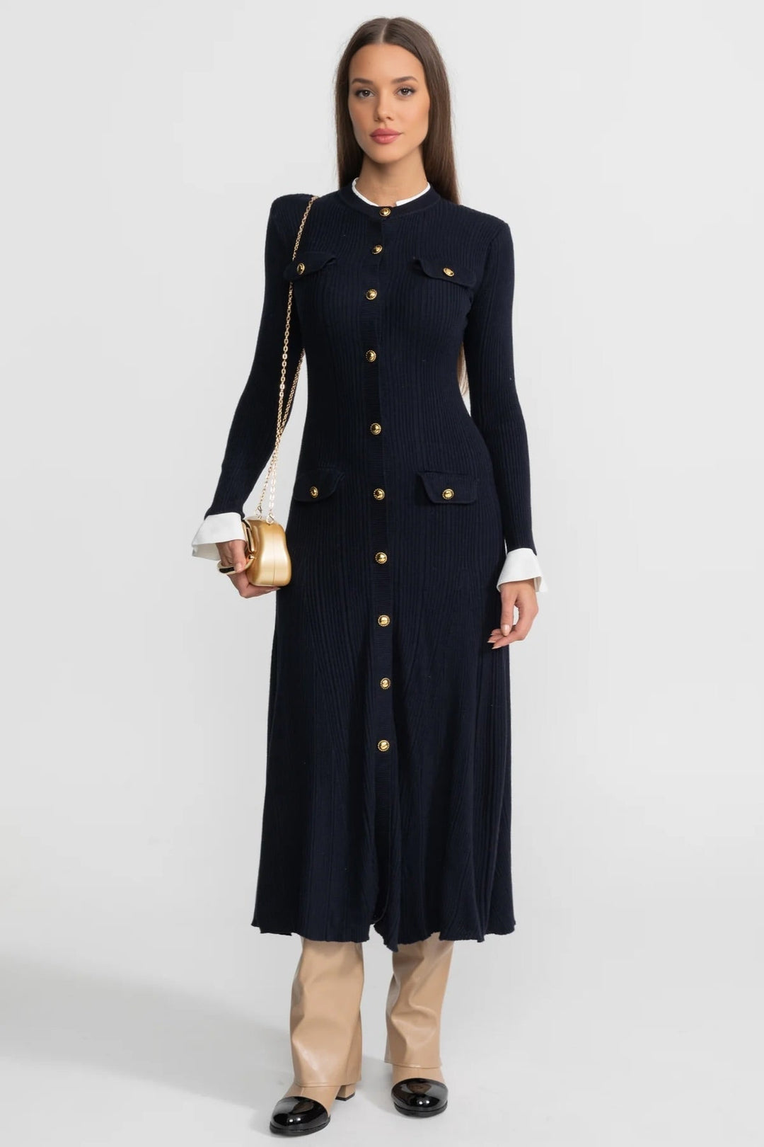Sable | Ribbed Knit Gold Button Midi Dress