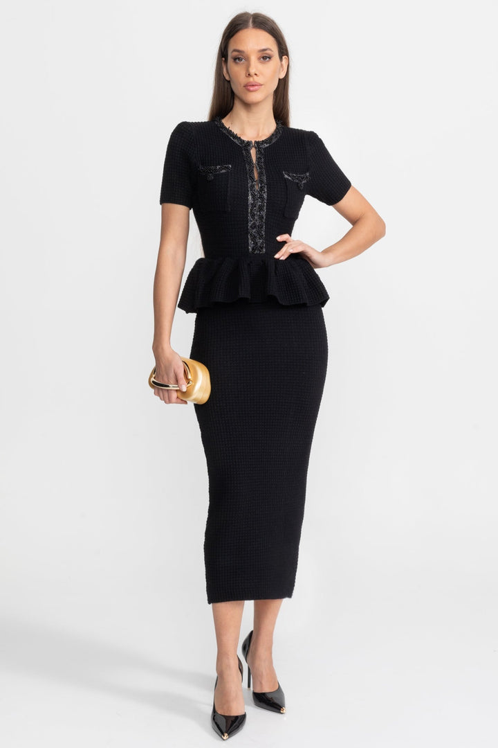 Harlow | Peplum Waist Textured Knit Midi Dress