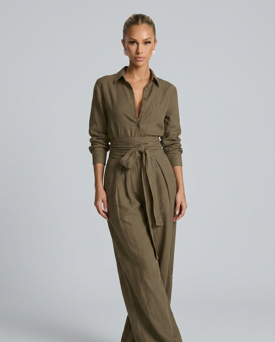 Marlowe | Long-Sleeve Shirt Collar Jumpsuit With Belt