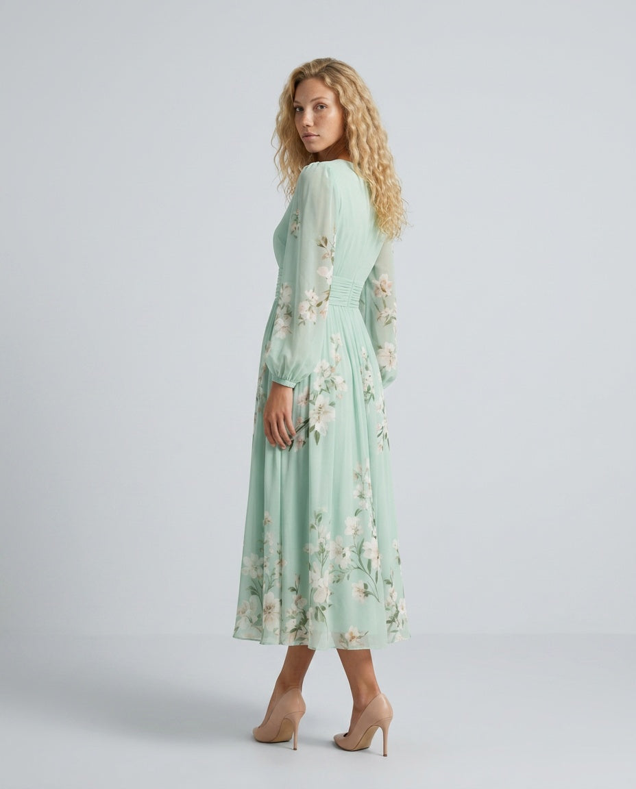 Aurelia | Long Sleeve Floral Midi with Pleated Skirt