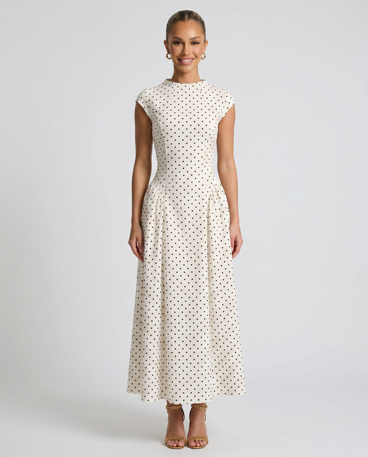 Dotée | Polka Dot High Neck Cap Sleeve Maxi Dress