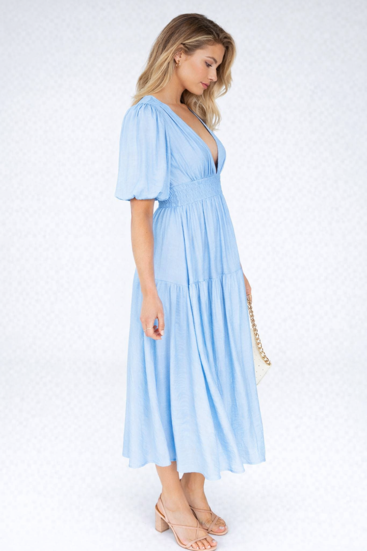 Indie | Midi Dress with V-Neck and Puff Sleeves