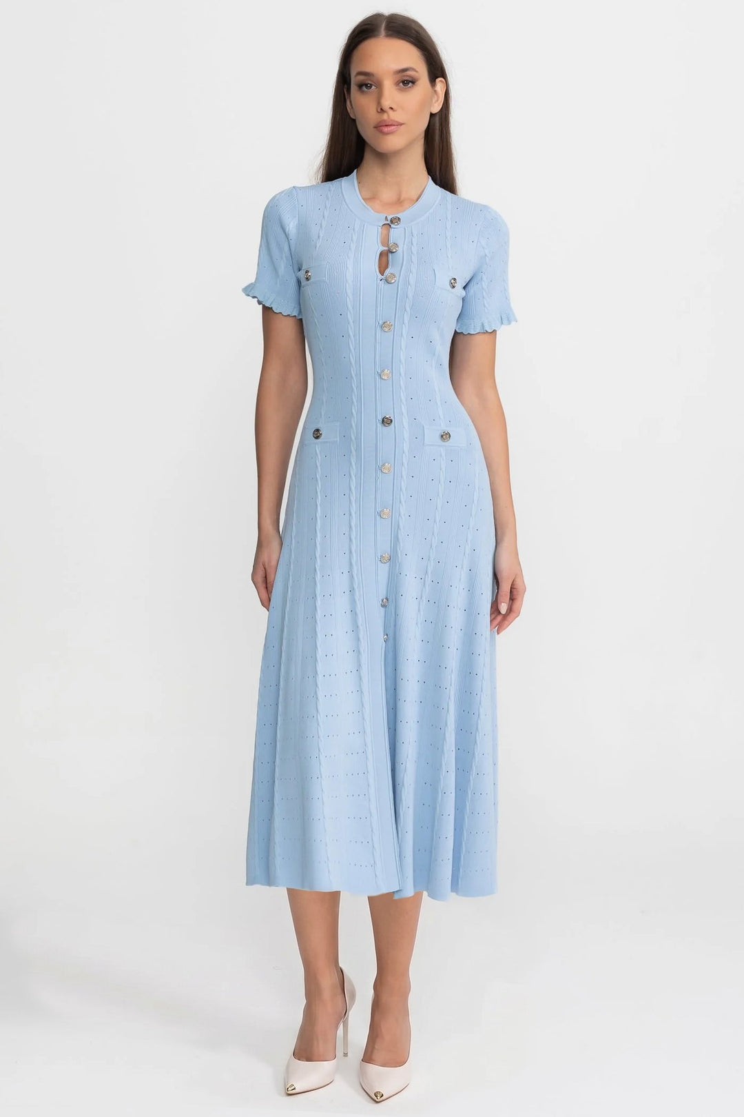 Cora | Scalloped Sleeve Button-Front Knit Midi Dress