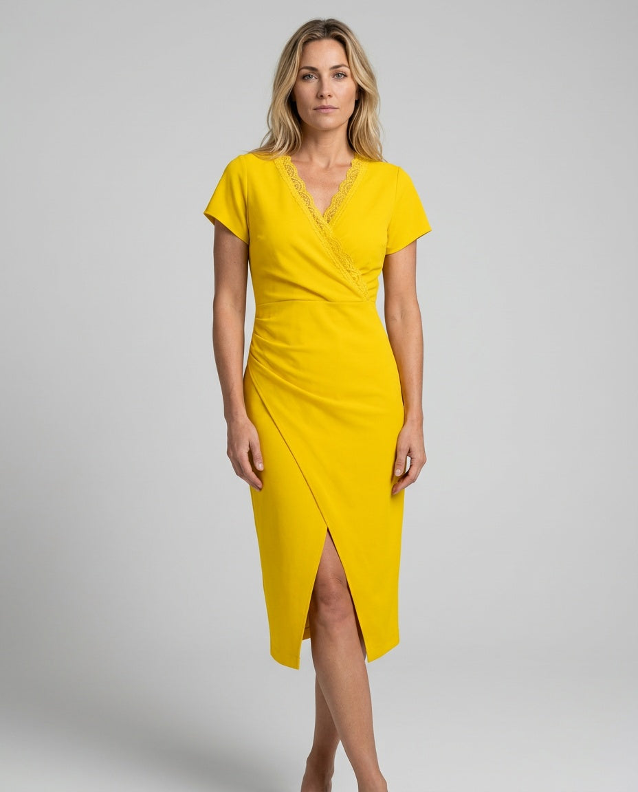 Lirène | V-Neck Lace-Trim Short Sleeve Midi Dress With Slit