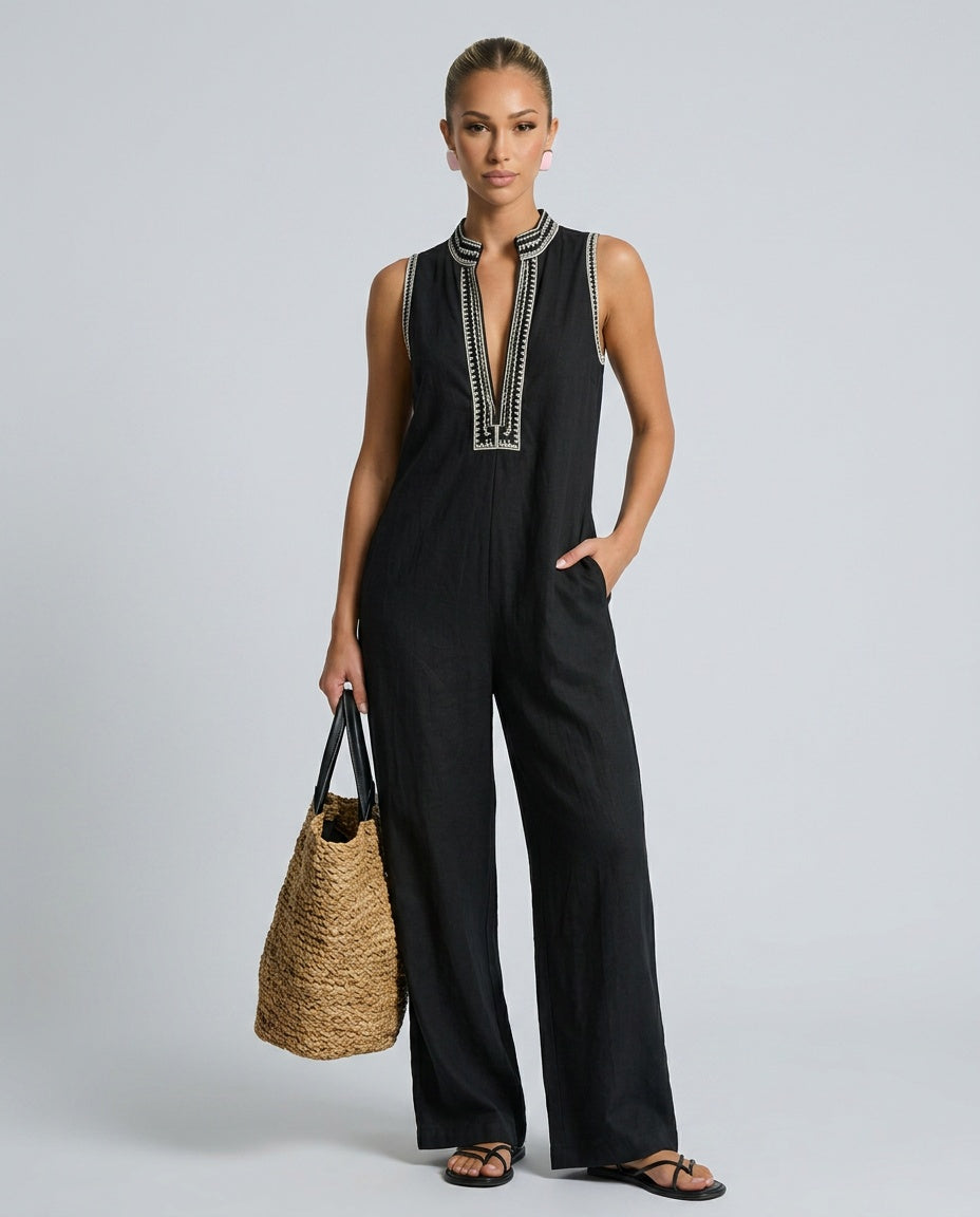 Harlow | Linen Blend Sleeveless Jumpsuit With Embroidery