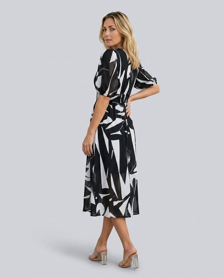 Mira | V-Neck Puff Sleeve Pleated Midi Dress