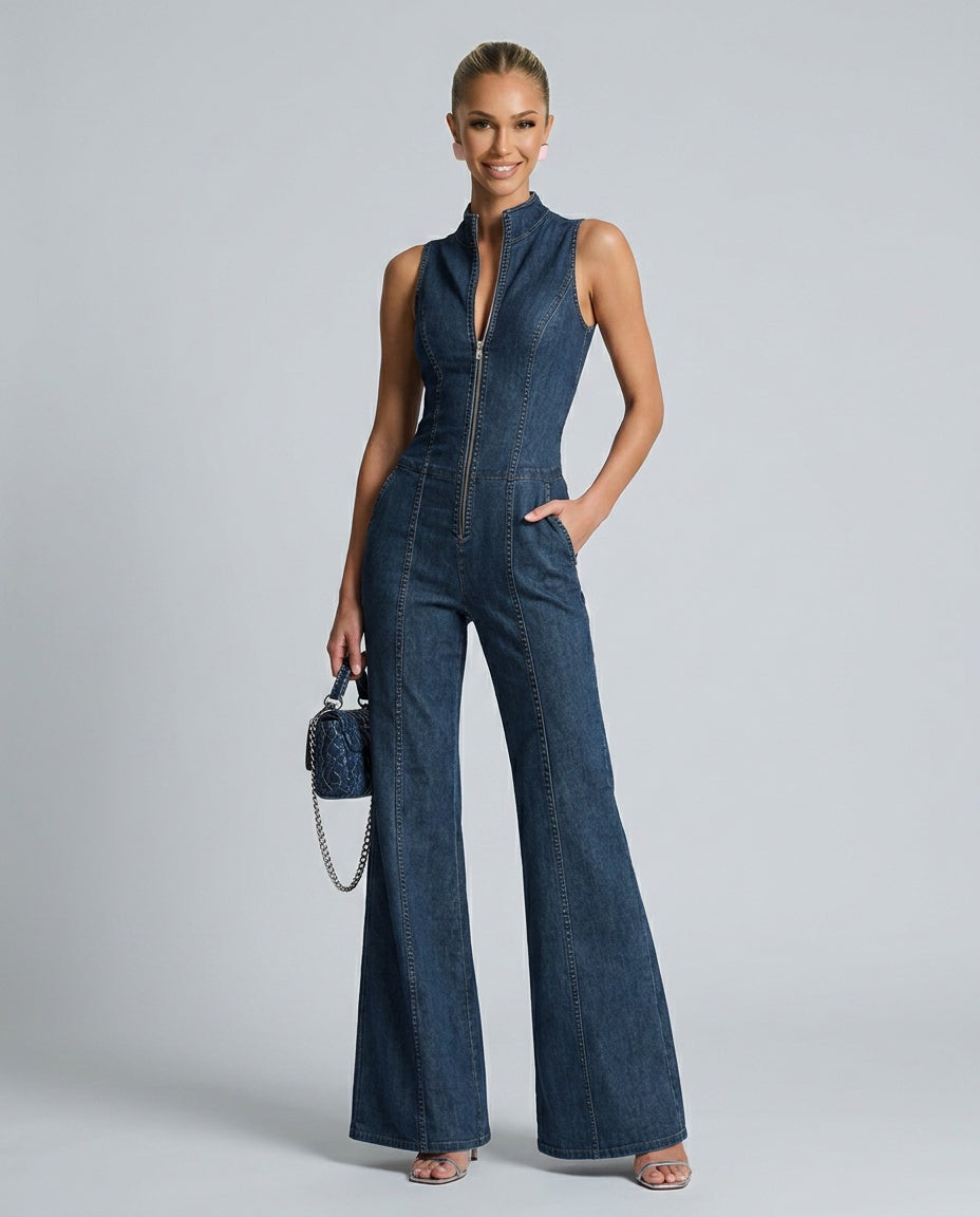 Demi | Sleeveless High-Neck Flared Denim Jumpsuit