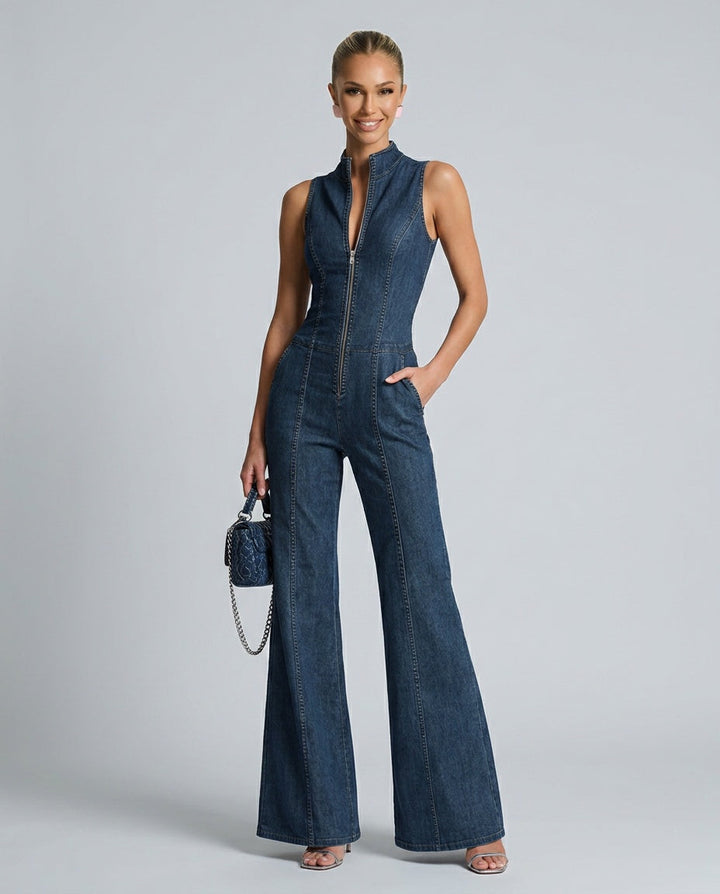 Demi | Sleeveless High-Neck Flared Denim Jumpsuit