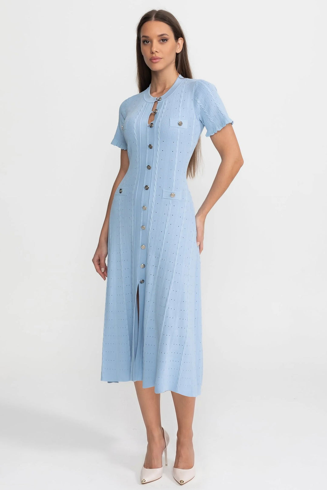 Cora | Scalloped Sleeve Button-Front Knit Midi Dress