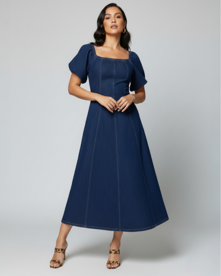 Harper | Denim Midi Dress with Square Neckline