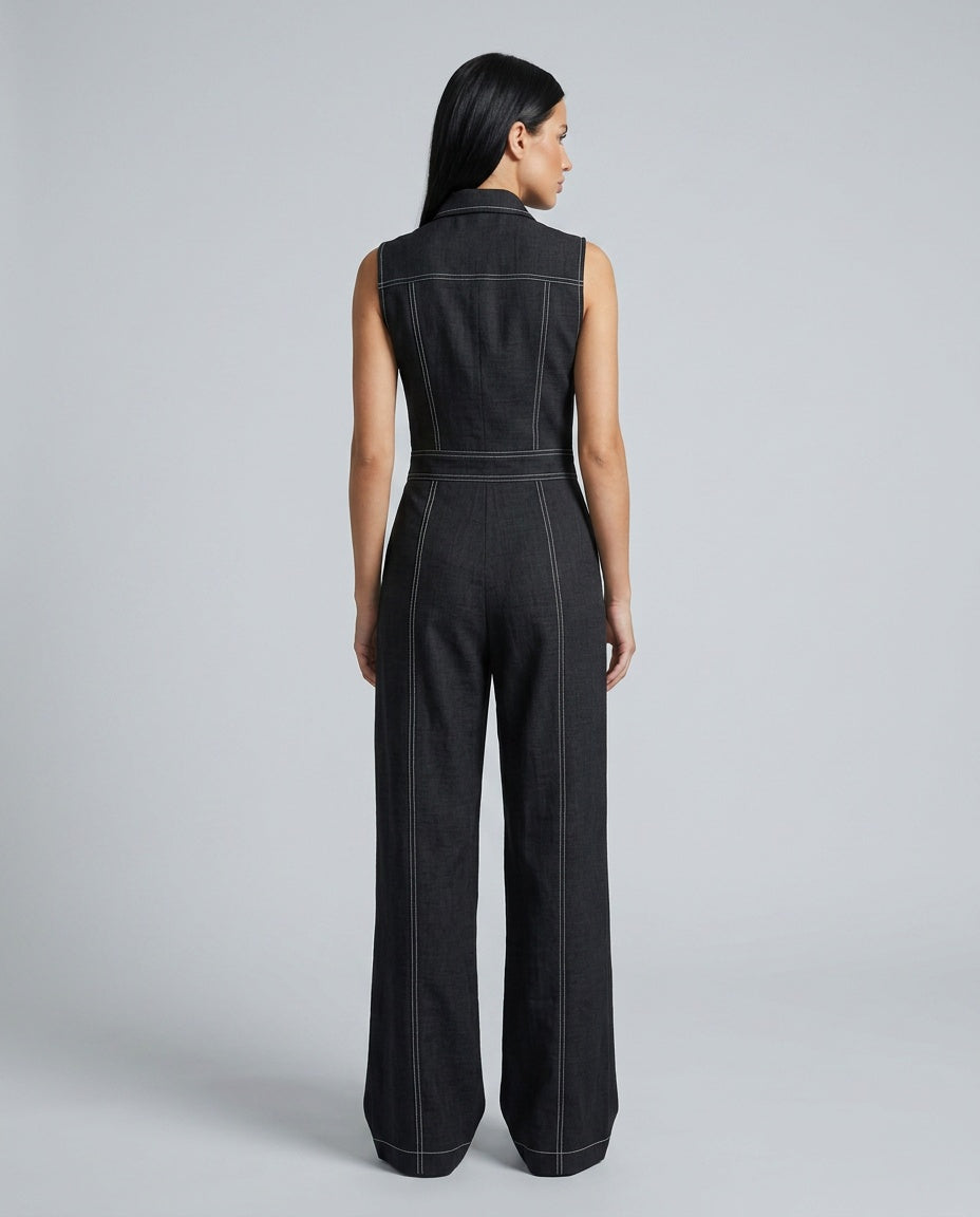 Evie | Loose-Fit White Trim Sleeveless Jumpsuit