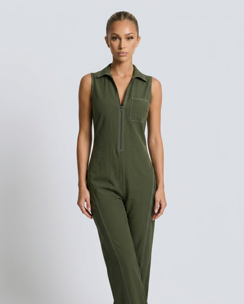 Evie | Loose-Fit White Trim Sleeveless Jumpsuit
