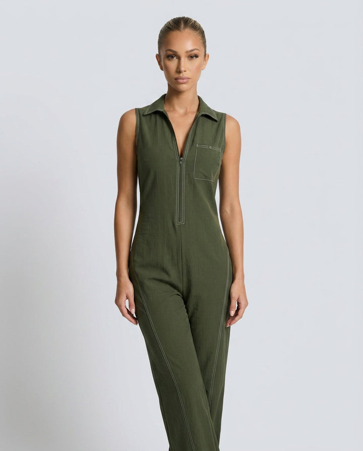 Evie | Loose-Fit White Trim Sleeveless Jumpsuit
