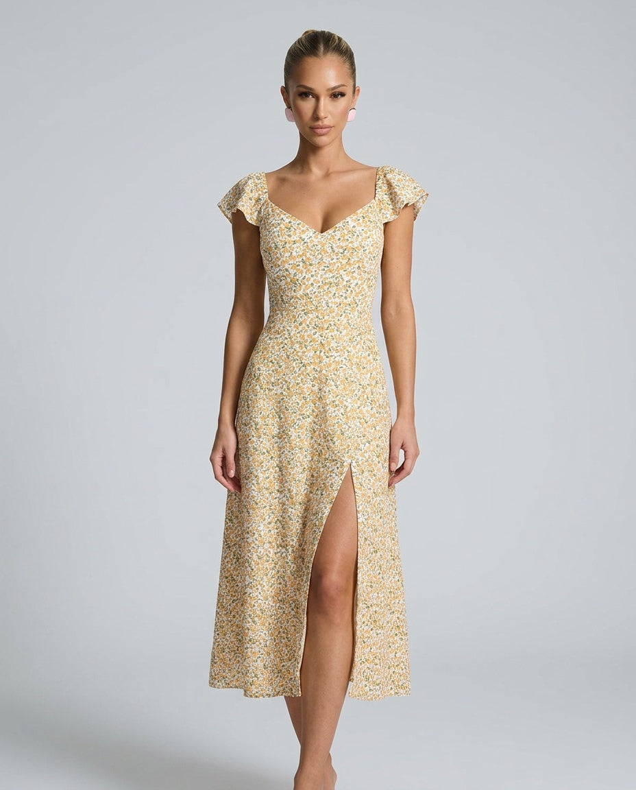 Isolde | V-Neck Floral Side Slit Midi Dress
