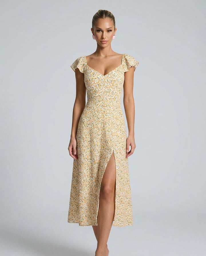 Isolde | V-Neck Floral Side Slit Midi Dress