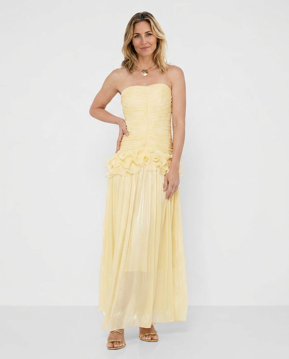 Edith | Strapless Pleated Ruffle Metallic Maxi Dress