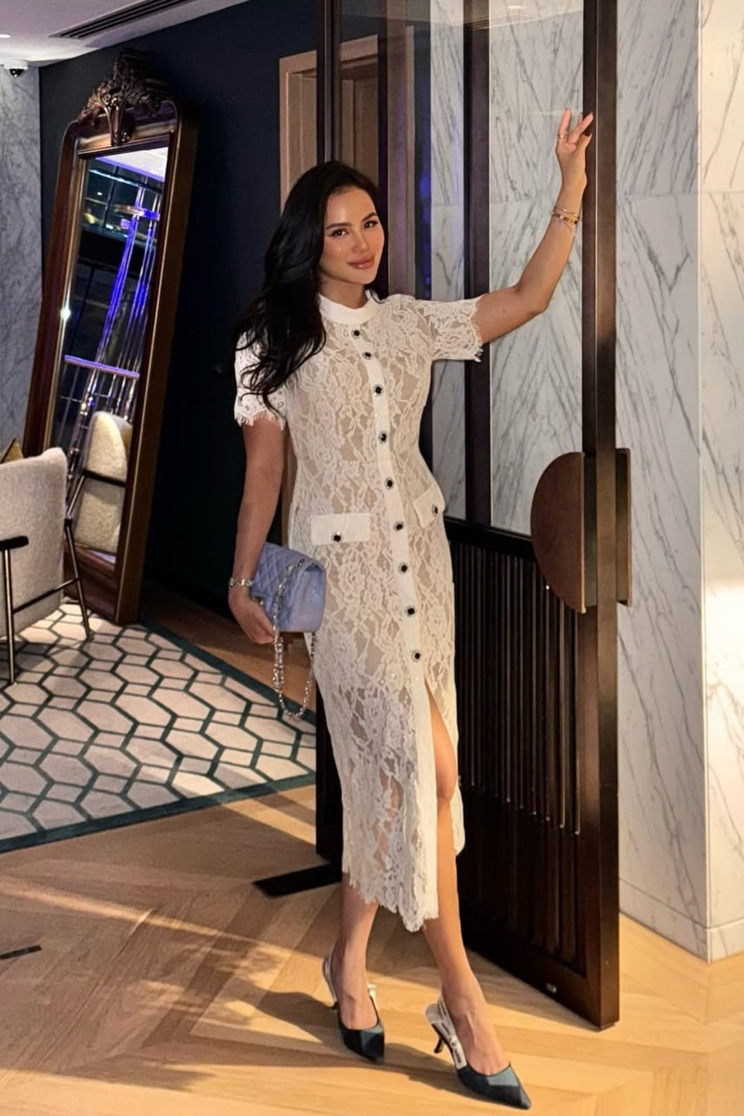 Viola | Short Sleeve Lace Belted Midi Dress