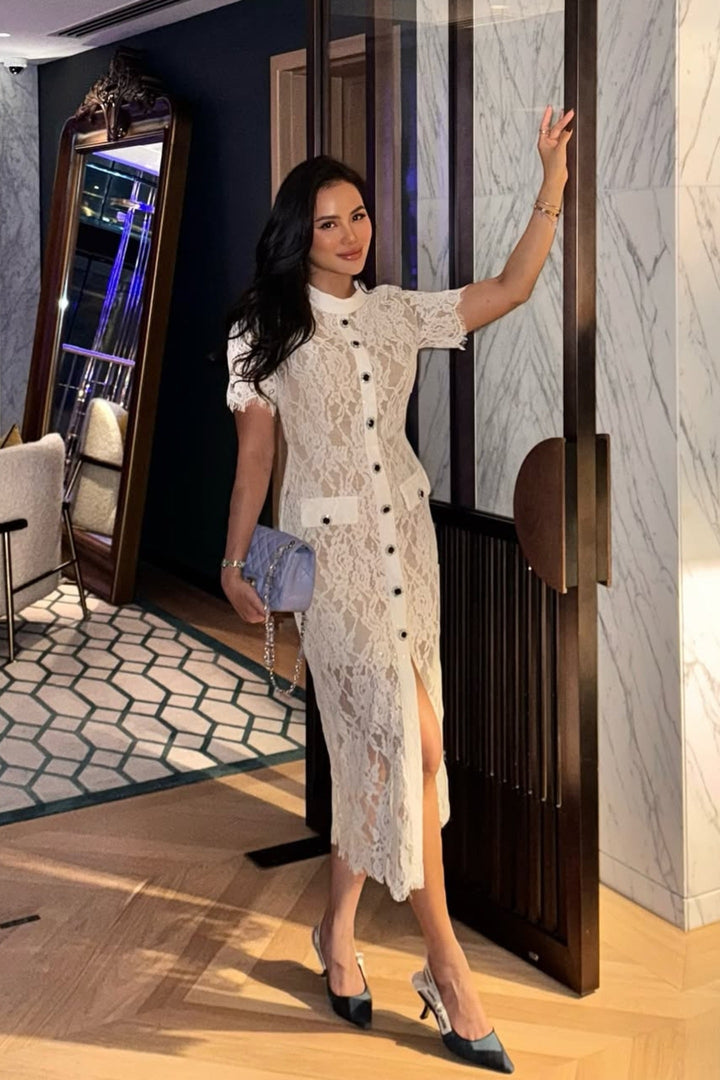 Viola | Short Sleeve Lace Belted Midi Dress