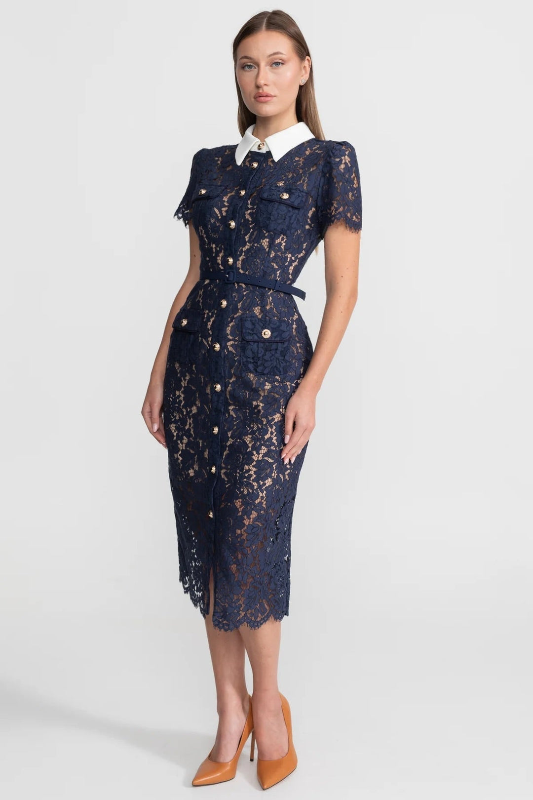 Cleo | Floral Lace Belted Midi Dress