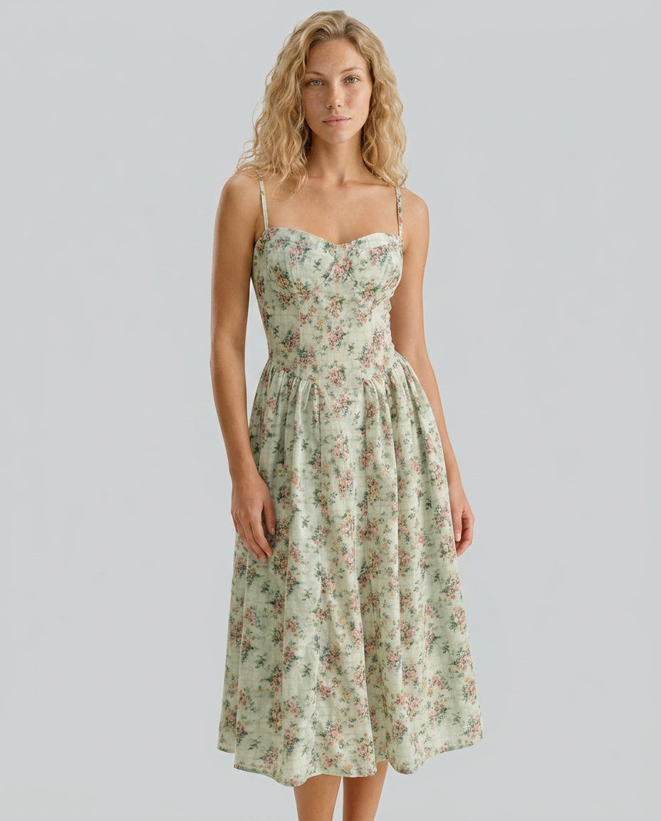 Camille | Floral Sweetheart Pleated Slip Midi Dress