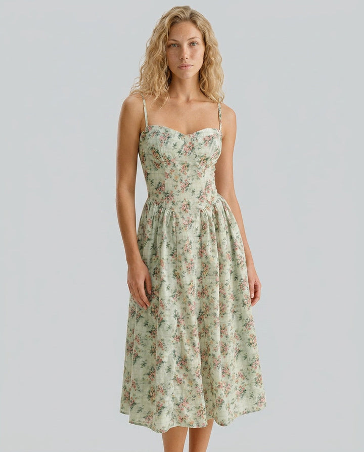 Camille | Floral Sweetheart Pleated Slip Midi Dress