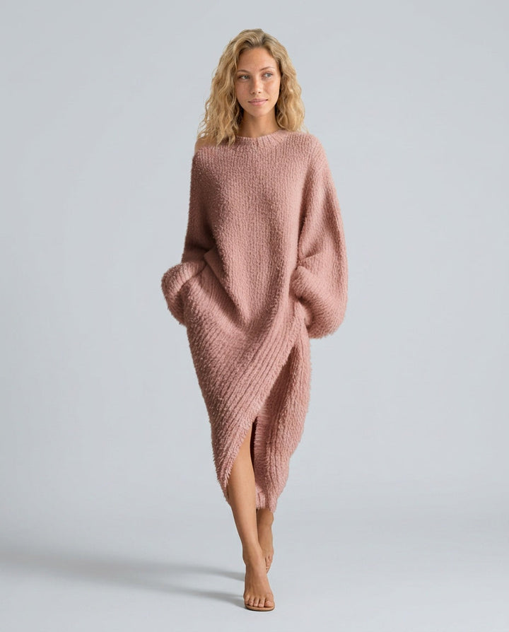 Celeste | Faux Mink Knit Asymmetric Slit Midi